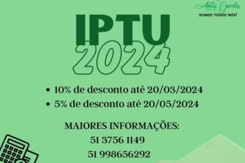 AS GUIAS DO IPTU/2024 JÁ ESTÃO DISPONÍVEIS PARA A RETIRADA JUNTO A PREFEITURA MUNICIPAL