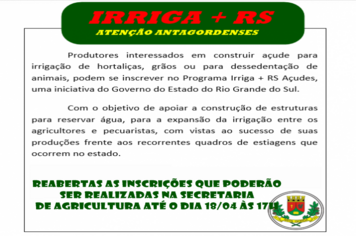 REABERTA AS INSCRIÇÕES IRRIGA+ RS