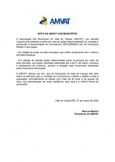 NOTA DA AMVAT AOS MUNICÍPIOS